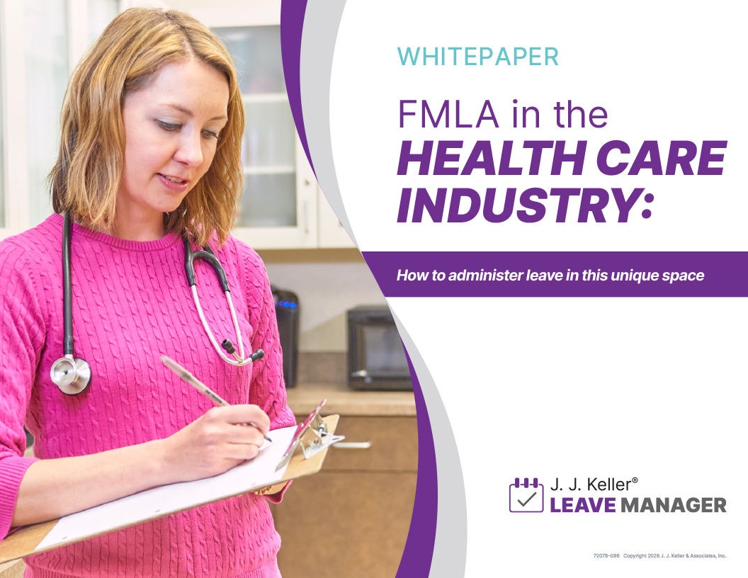 Cover image of FMLA in the Health Care Industry, person with stethoscope and clipboard in medical lab area